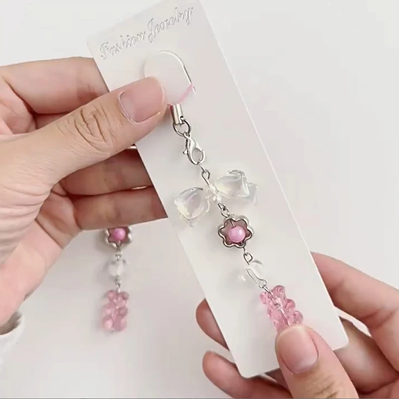 Pink Bear Bow Beaded Phone Chain Headphone Case Anti-lost Chain Fashion Keychain Pendant Rope Bag Decorations Lanyard Gifts