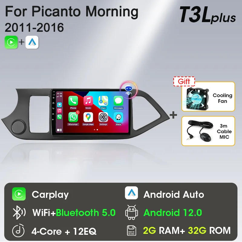 2 Din Android 12 Autoradio Carplay voor KIA PICANTO Ochtend 2 2011 2012 2013 2014 2015 2016 Multimedia Speler navigatie DVD Hoofd