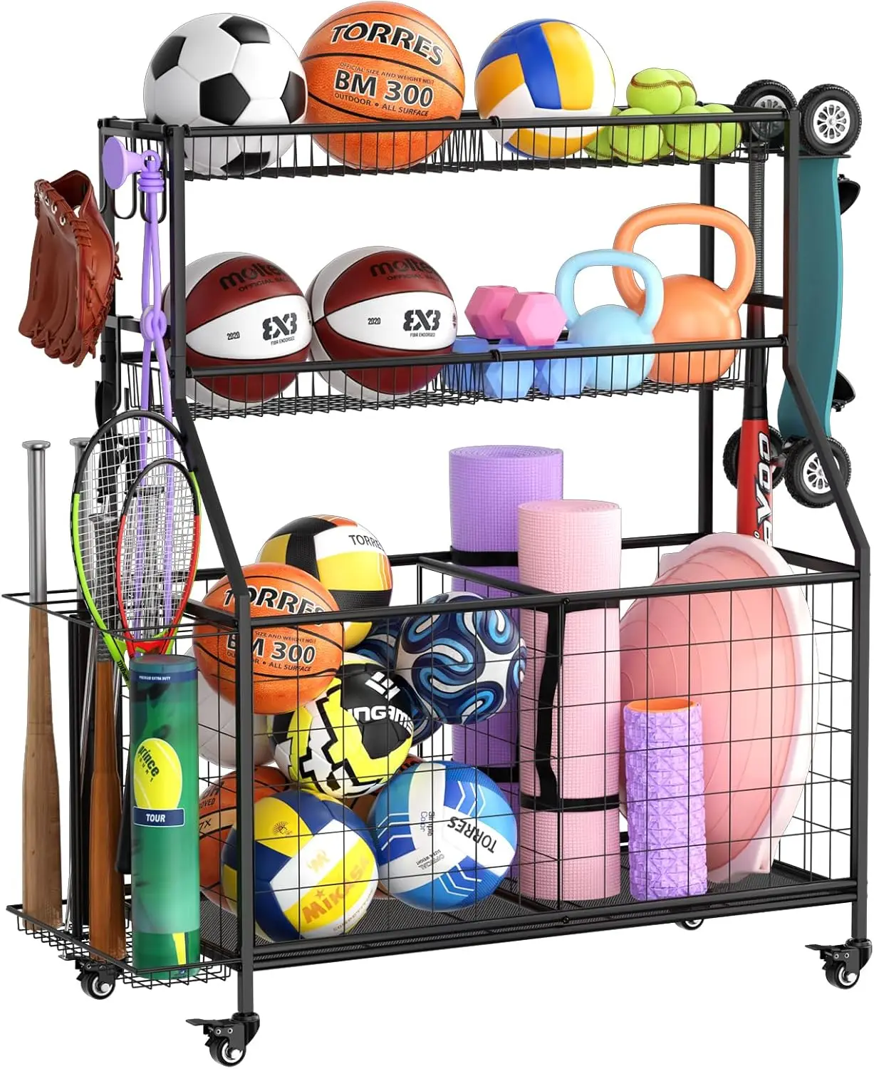 

Sports Equipment Organizer - Garage Ball Storage Rack with Basket, Hooks and Rolling Cart for Toy Sports Gear Storage, Black