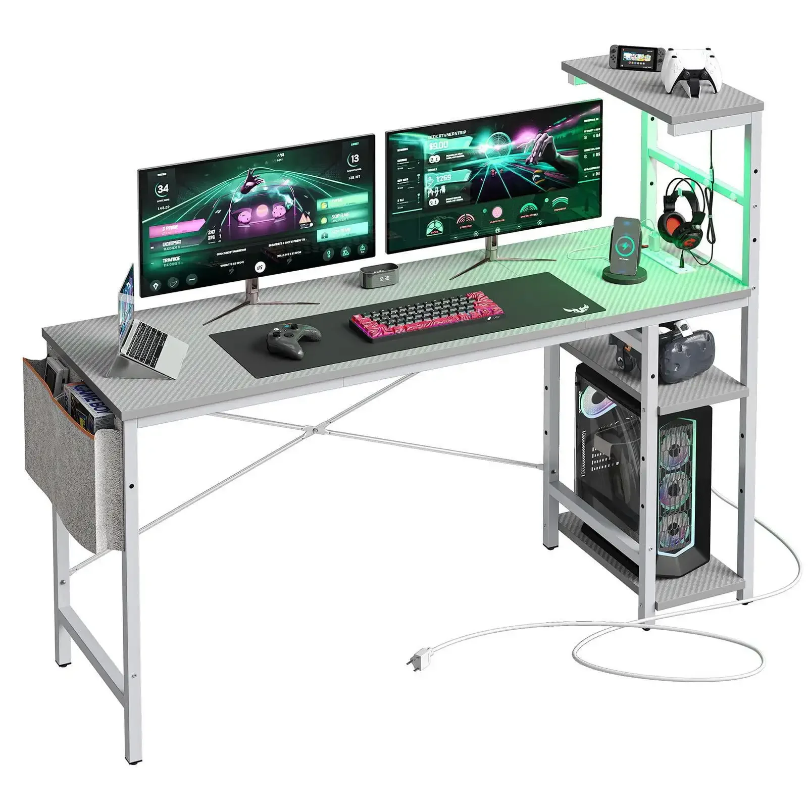 61" Reversible Gaming Computer Desk with Power Outlet LED Desk with 4 Tier Shelves, Grey Carbon Fiber