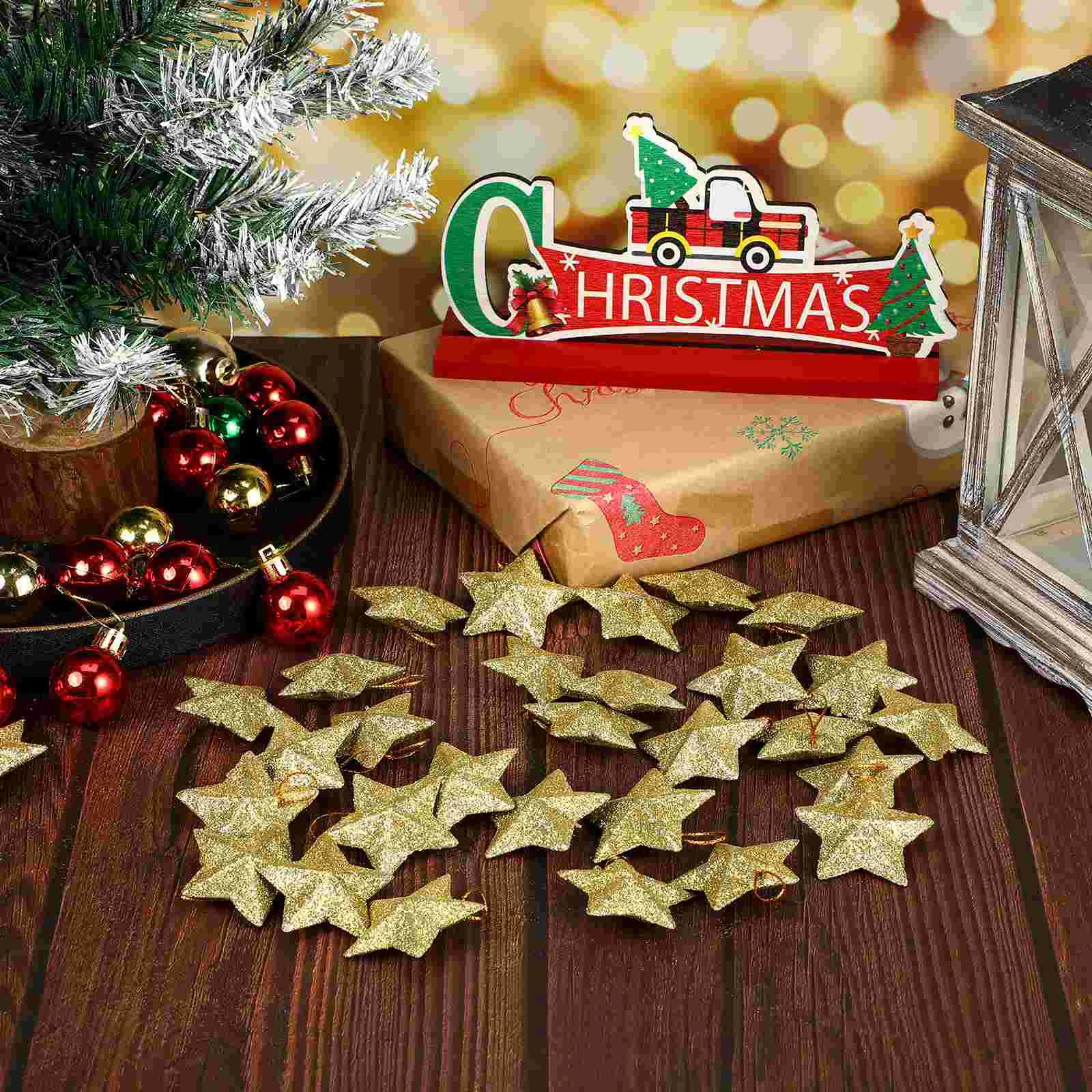 30 Pcs Christmas Tree Pendant Pendants for Star Toppers Ornaments Lattice Hanging Adornment Golden