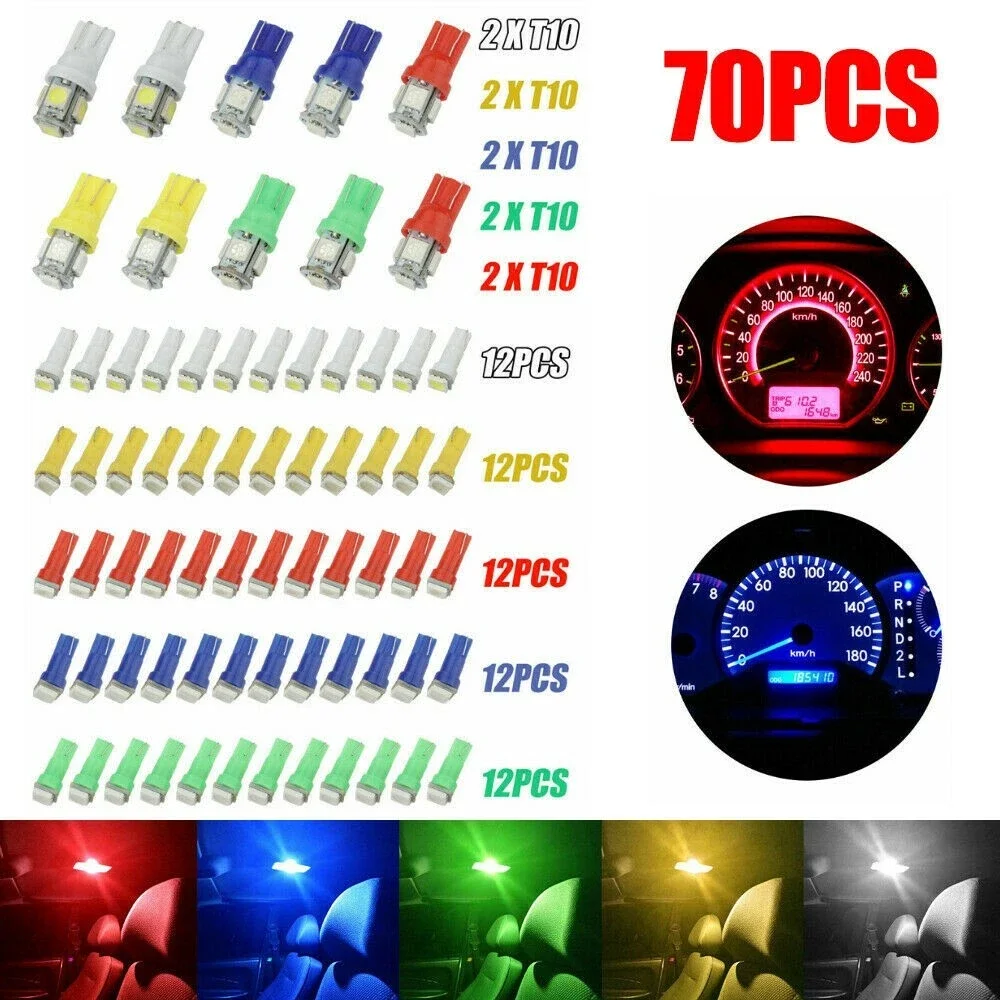 70Pcs T5+T10 5050 SMD Car LED Instrument Panel Cluster Dash Light Indicator Bulb