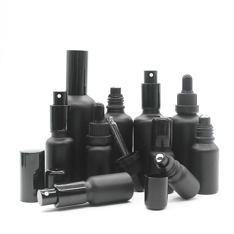 2/10pcs/lot 5/10/15/20/30/50/100ml Empty Matt Black Glass Essential Oil Perfume Dropper Bottles Sprayer Atomizer Roller On Ball