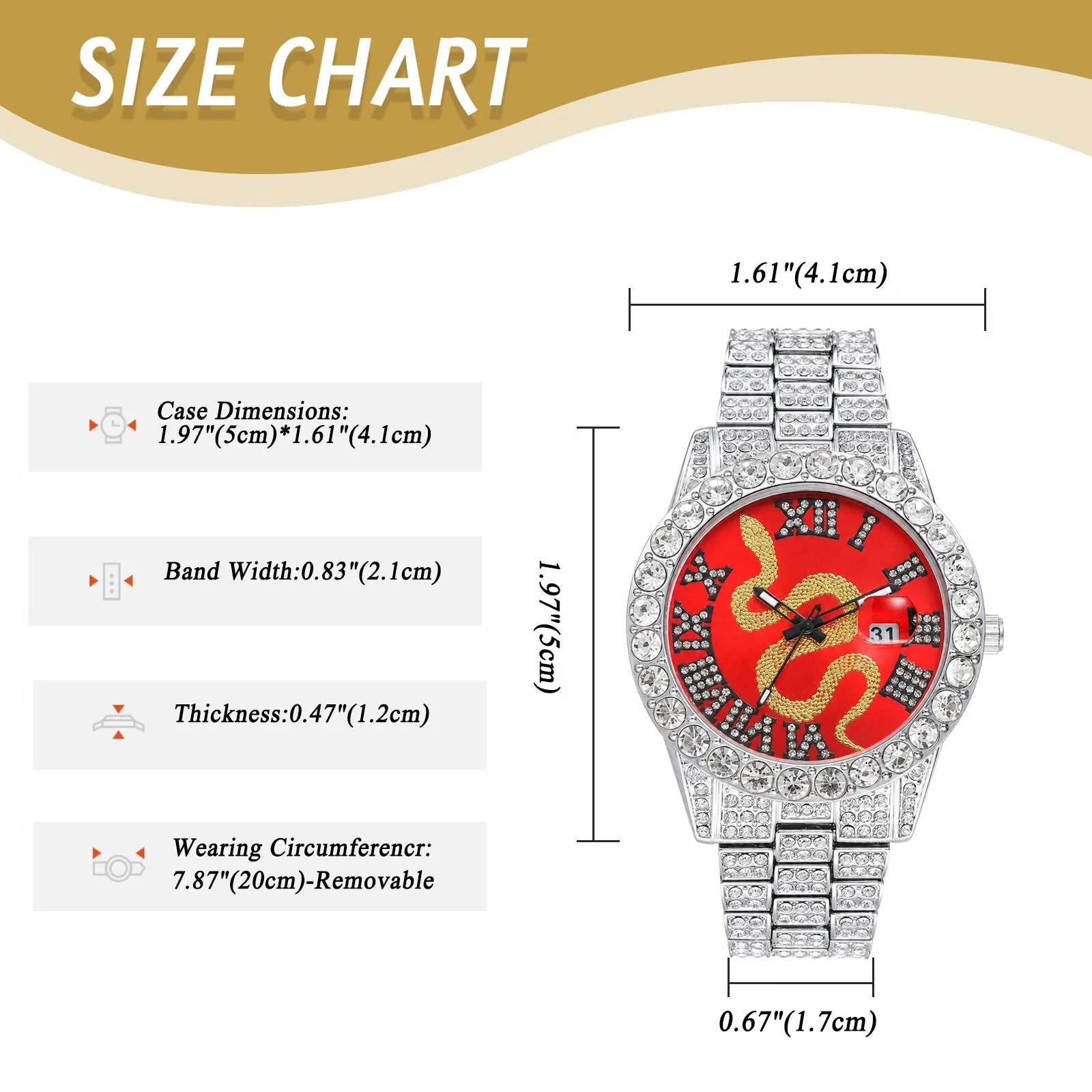 Luxury Unisex Snake Motif Quartz Watch Full Rhinestone Roman Numerals Dial Luminous Calendar Date Window Hip Hop Wristwatch