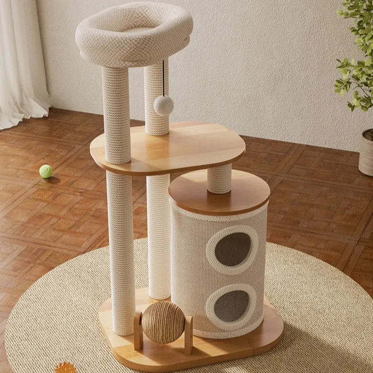 Solid wood cat tree integrated pet nest climbing structure, with sisal scratching board, large cat tree, with tree hole design
