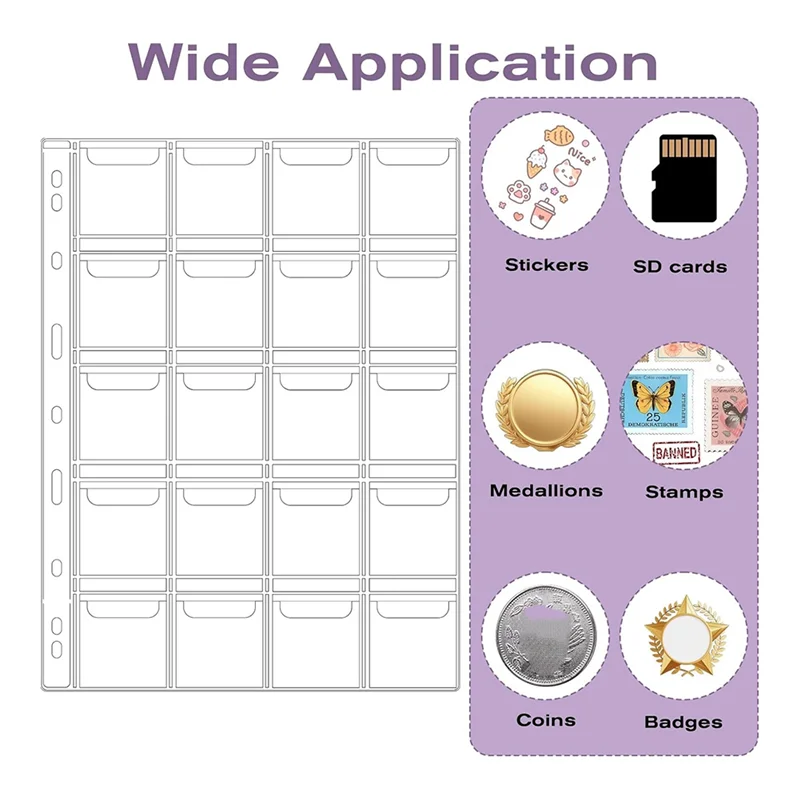 Coin Collection Pages 4 Sheets 20 Pocket Clear PVC Insert Sleeves, 9 Hole Binder Protectors With Binder Inserts
