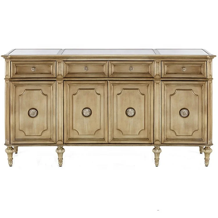 

/High Quality Transitional Living Room Furniture Antiqued Gold 4 Doors Side Cabinet Solid Wood