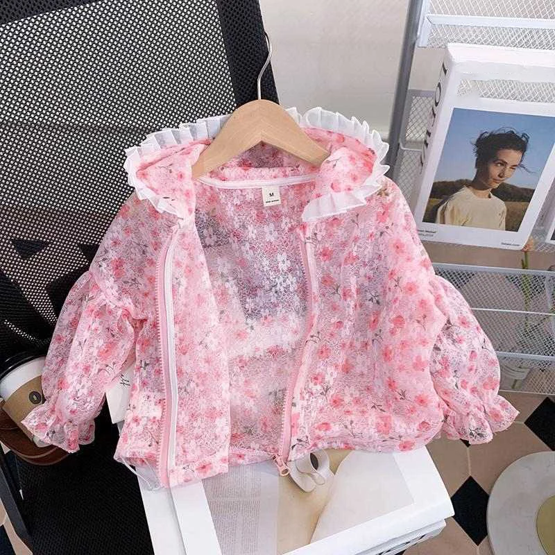 Cute Girls' Sunscreen Clothes Pink Floral Hollow Out Hooded Thin Coats Summer Children's Lightweight Breathable Zipper Top ﻿