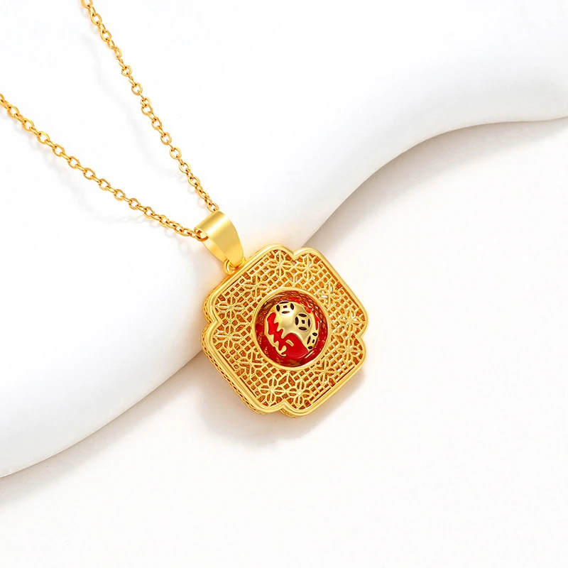 24K real gold exquisite hollow vintage Fu character pendant necklace au9999 enamel dripping oil pendant jewelry for women