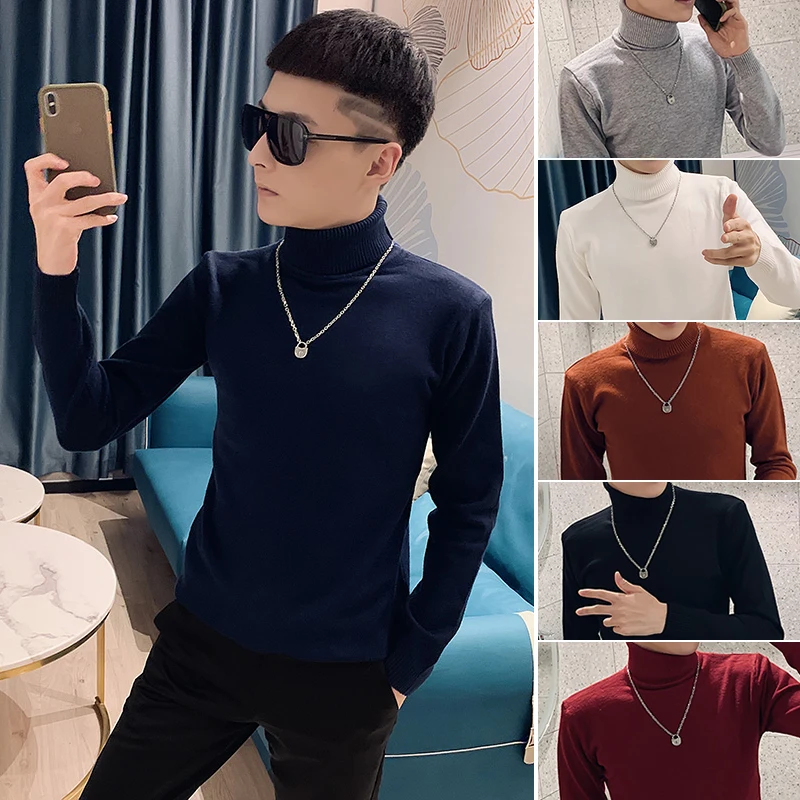 

Мужской облегающий трикотажный джемпер с высоким воротником, размер 55 XS, однотонный, базовый слой, осенне-зимний, теплый, с длинным рукавом, круглый вырез горловины