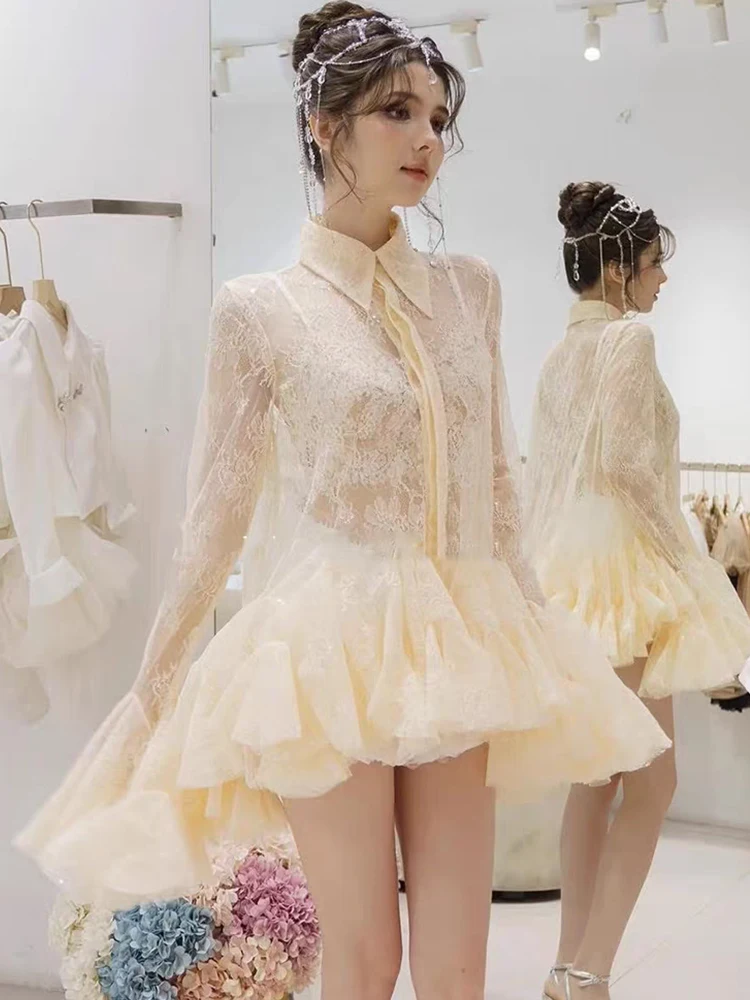 

Sexy see-through lace patchwork sequined flared sleeve shirt 2025 Autumn women's fashion multi-layered ruffled loose dress
