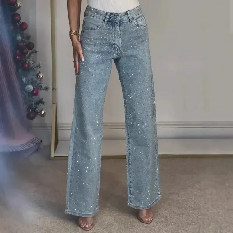 Jeans para Mujer, Corte Recto, con Diamantes, Elásticos, Cintura Alta, Lavados, Estilo Mom Jeans, Vintage, Streetwear Y2K