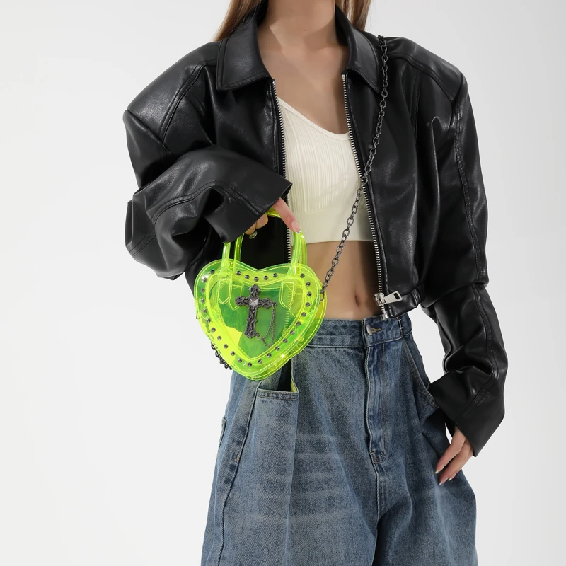 Women Heart PVC Shoulder Bag 2024 Spring Summer New Stadium Approved Clear Chain Crossbody Bag Punk Girls Concerts Phone Handbag