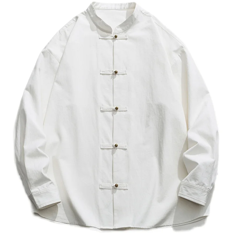 

New Autumn Vintage Thin Stand Collar Copper Button Loose Jaet Chinese Sle irt Men's Clothing Cotton Pure Color Long Sve