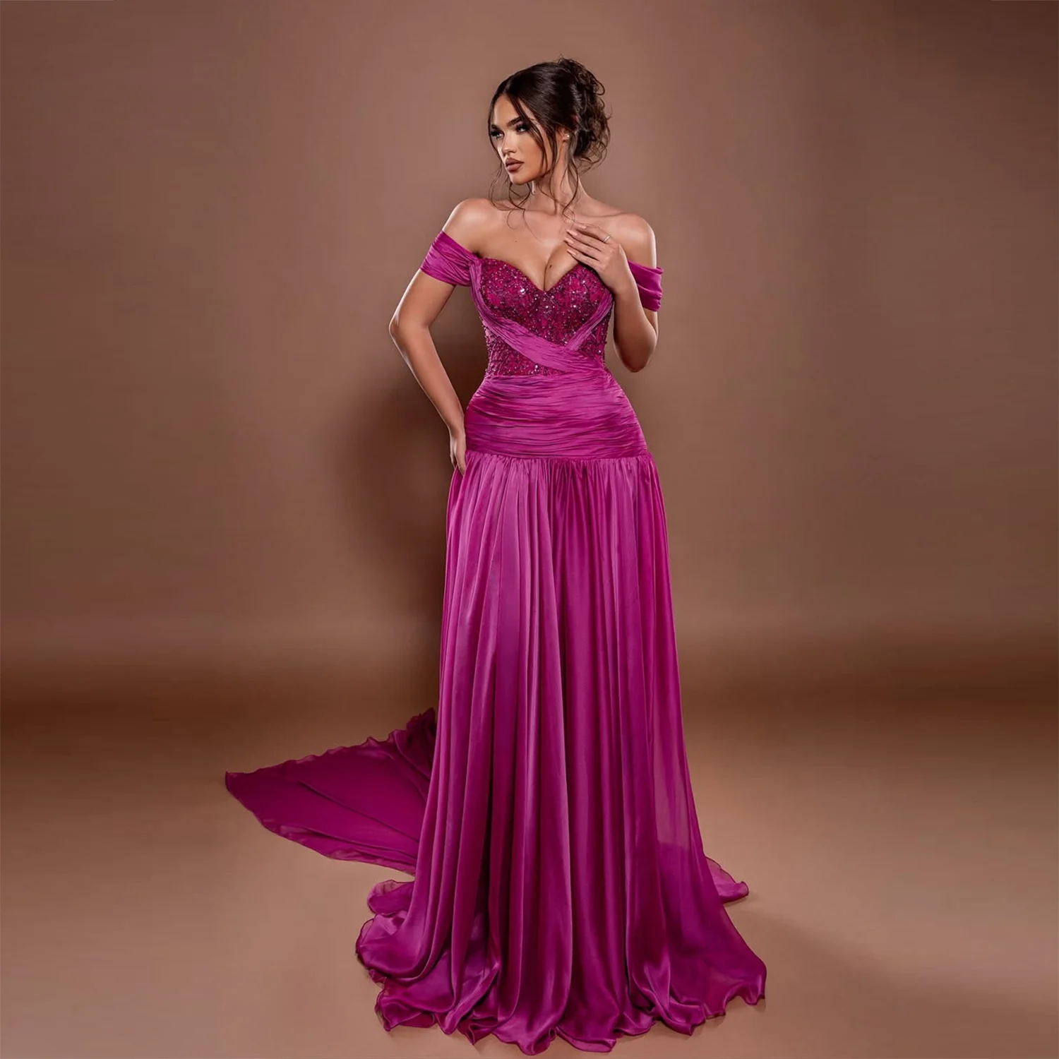 

Gorgeous Off The Shoulder Evening Gowns Lace Appliques Sequined A Line Chiffon Prom Dress Sweep Train Women Formal Party Dress