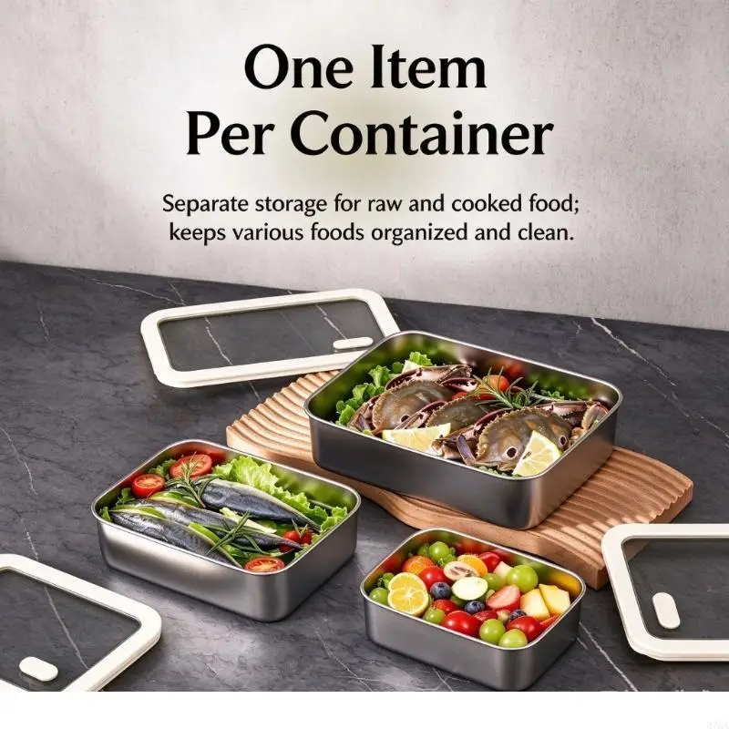 Stainless Steel Storage Containers with Glass Lids, 3-Piece Set. Leak-proof & Easy to Clean, for Kitchen Storage. 87HA