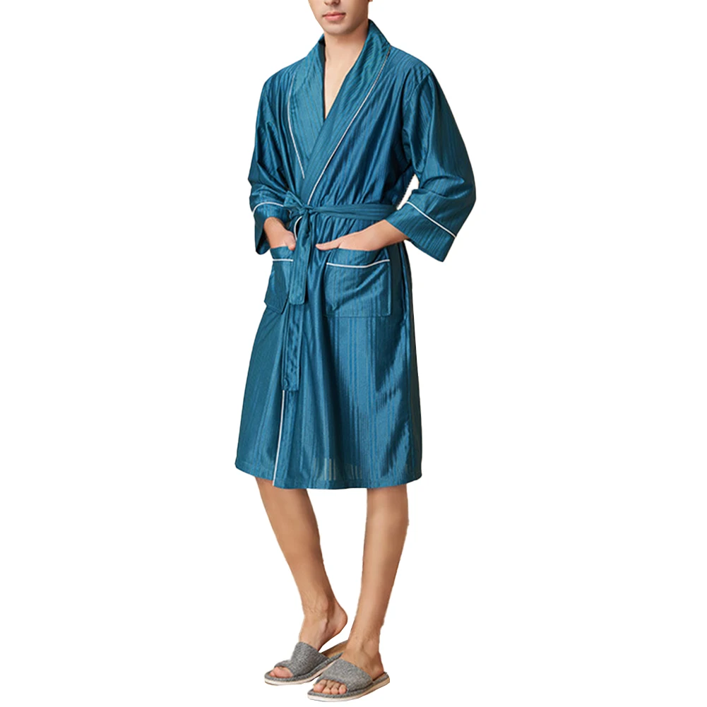 Mannelijk Gewaad Heren Nachtkleding Badjas Ceinted Casual Comfortabele Zachte V-Hals Met Zakken Contrasteren Dagelijks Kimono Los