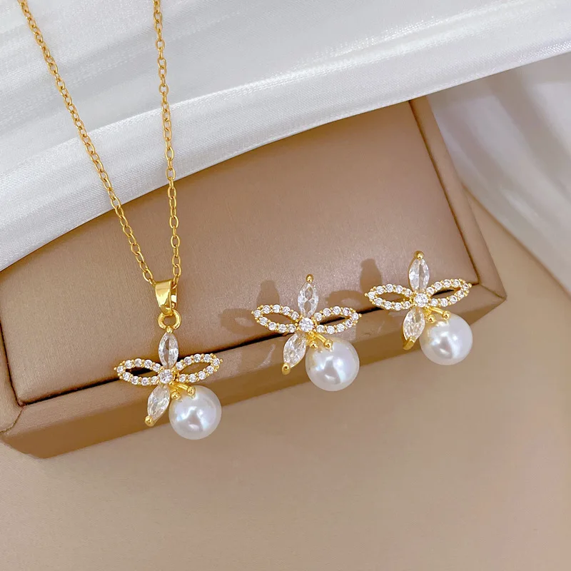 

Luxury Full Zircon Flower Pearl Necklace Earrings Set Women Titanium Steel O-chain Ladys Wedding Jewelry Girls Party Gift