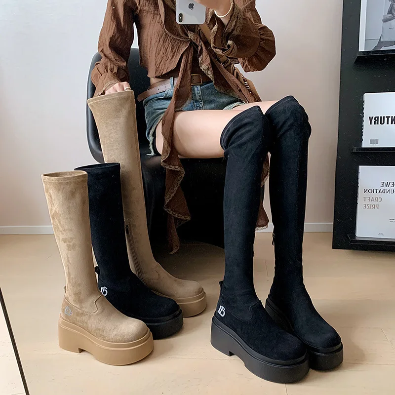 

Platform Flats Women Knee High Boots Fashion Side Zippers Shoes Autumn Winter Ladies Stretch Slim Long Booties