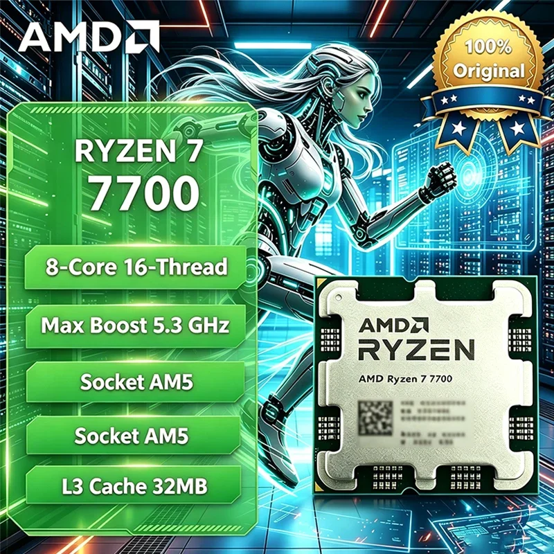 

AMD Ryzen 7 7700 Brand New CPU 5.3GHz 8-Core 16-Thread 40MB Cache 5NM Socket AM5 Gaming Processor with Graphics Without Package