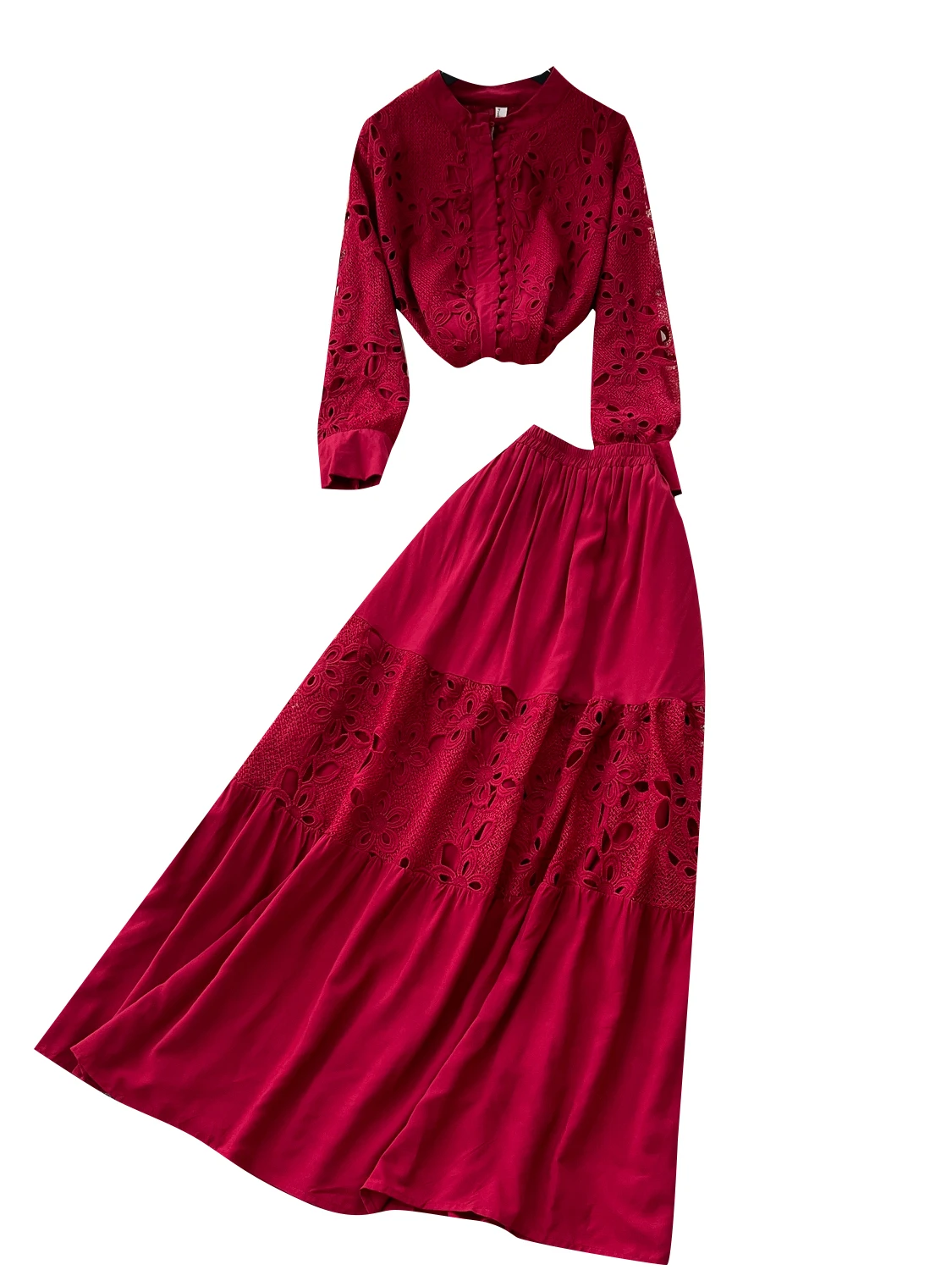 

Ele Embroidered Long Sve irt And High Waist Skirt Set for Young Women in Their 20s Summer Faion Ensemble