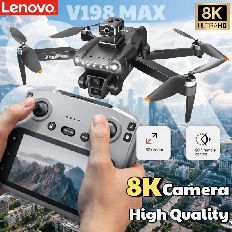 Drone GPS Lenovo V198MAX avec caméra professionnelle 8K, FPV aérien, détection d'obstacles par laser et télécommande à grand écran