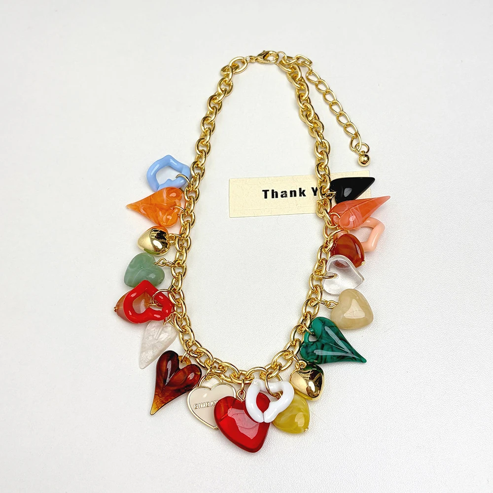 Fashion Vacation-Style Colorful Resin Heart-Shaped Pendant Necklace Women Individual Necklace Trendy Jewelry Accessory - view 6