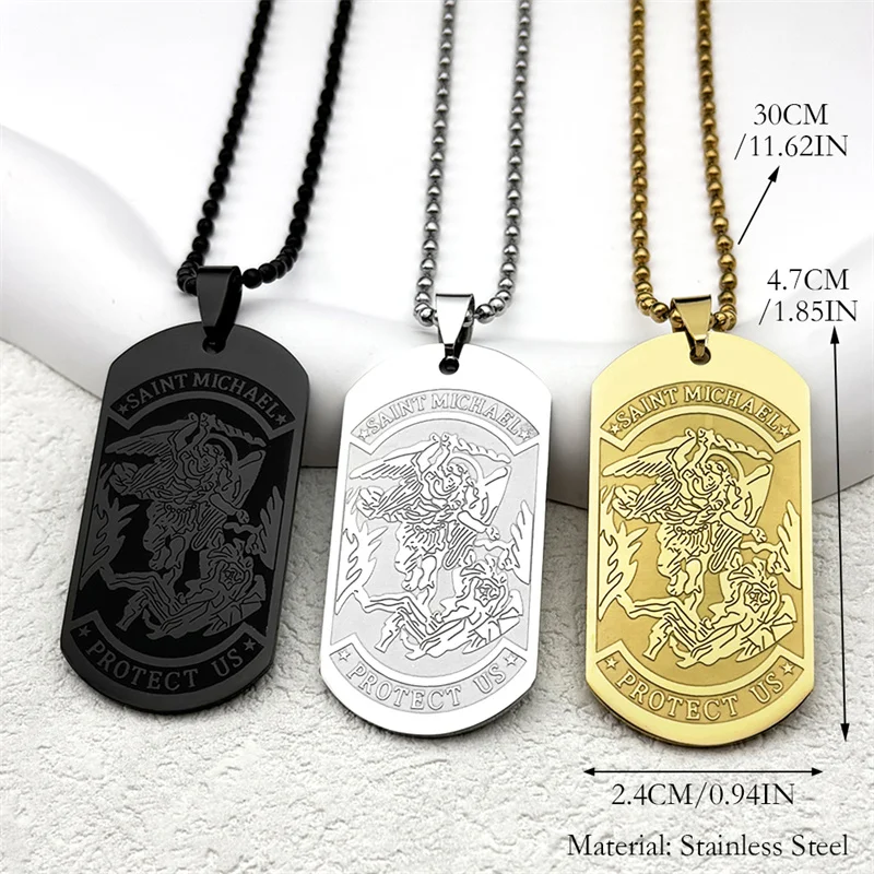 SAINT MICHAEL PROTECT US Archangel Stainless Steel Dog Tag Car Pendant  for Women Men Gold Color Bead Chain Jewelry Ornaments