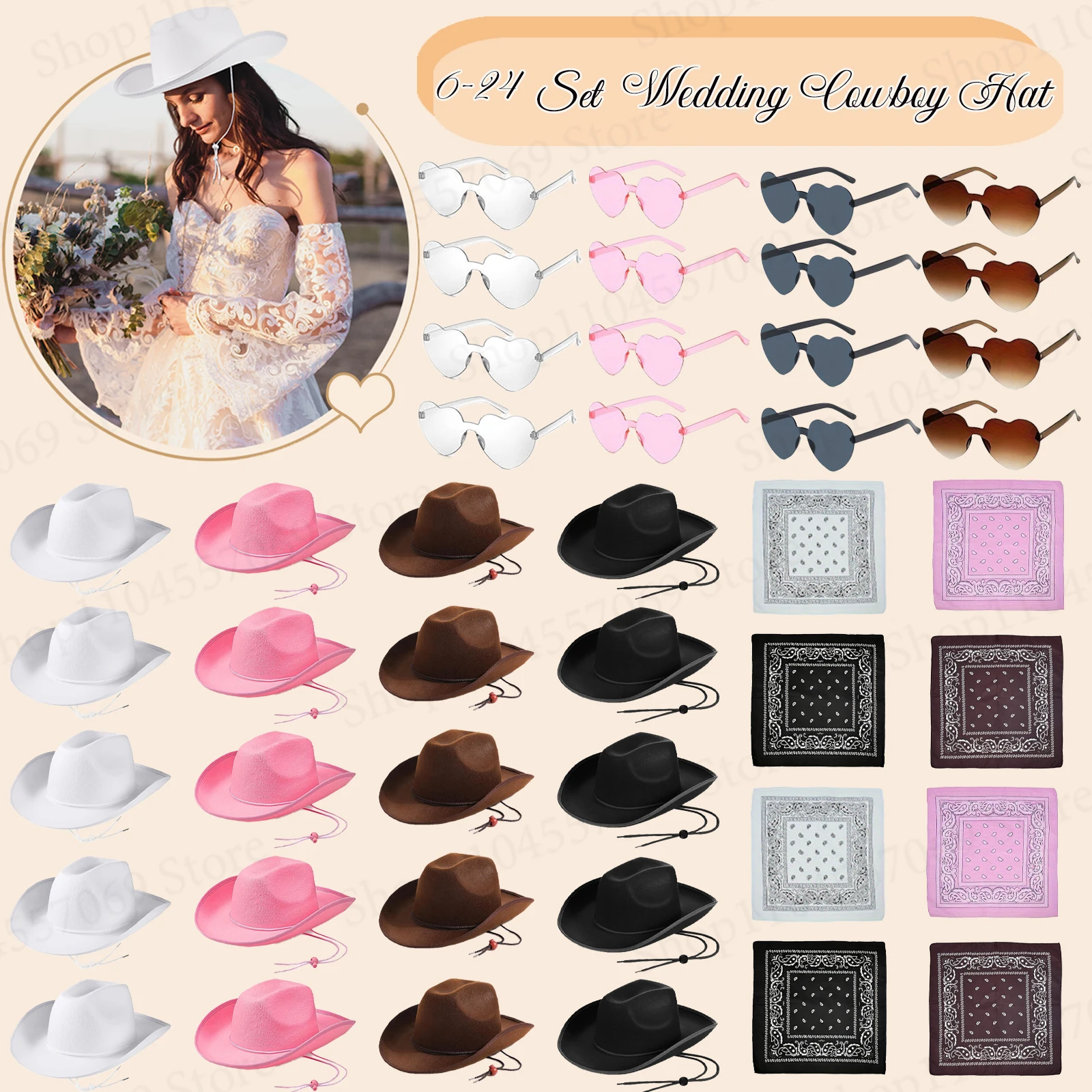 Juego de 6-24 Sombreros Vaqueros Rosas para Boda, Sombreros de Vaquera para Despedida de Soltera con Pañuelo y Gafas de Sol con Forma de Corazón para Fiesta Nupcial