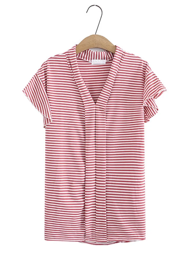 Plus Size Women's Short-Sleeved T-Shirt V-Neck Mid-Length Striped Stretch T-Shirt Ruffled Sleeve Short-Sleeved Summer T-Shirt