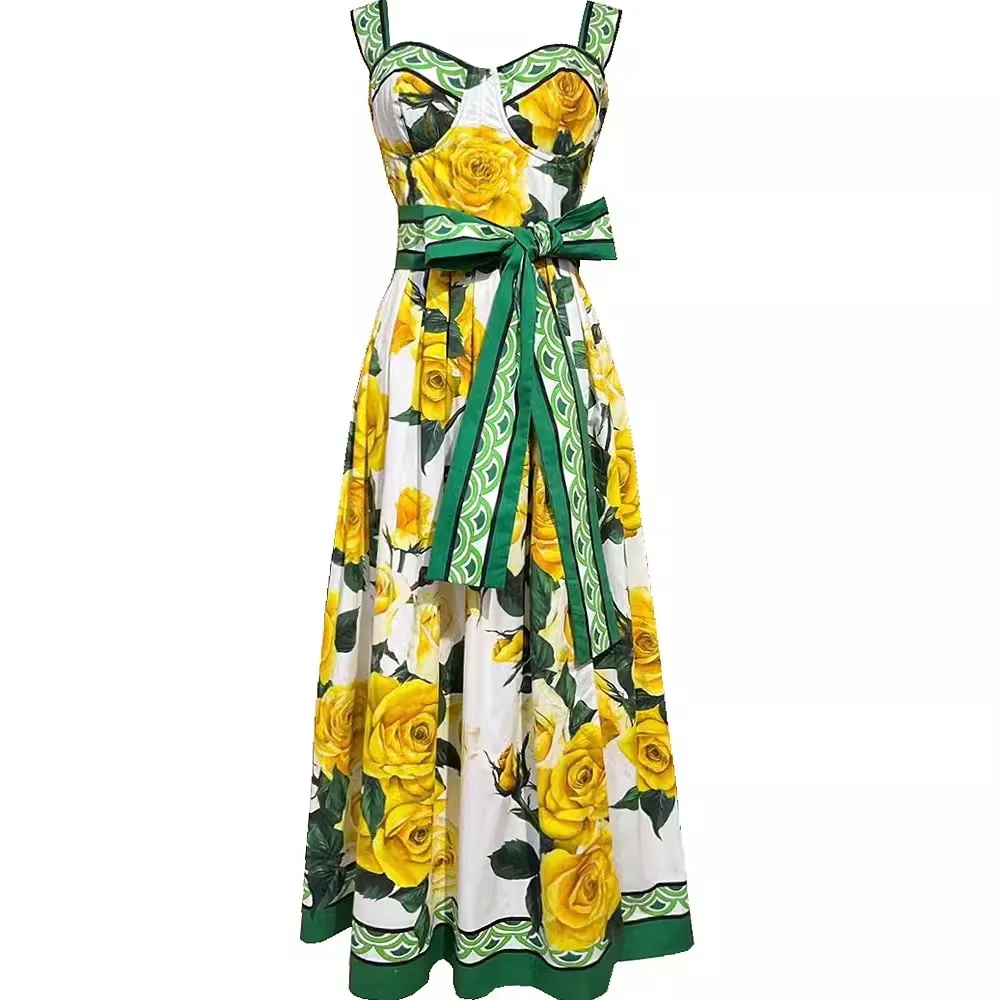 Runway Designer Holiday Print Dresses For Women Straps Sundress Belt Floral Pleated Long Maxi Beach Wear Prom Vestidos