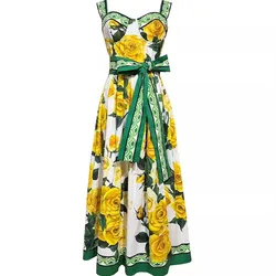 Runway Designer Holiday Print Dresses For Women Straps Sundress Belt Floral Pleated Long Maxi Beach Wear Prom Vestidos