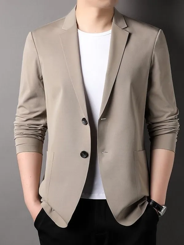 캐주얼 아이스 실크 남성 정장 가벼운 여름 비즈니스 코트 패션 도시 스타일 긴 소매 라운드 헴라인 스탠다드 핏 싱글 버튼