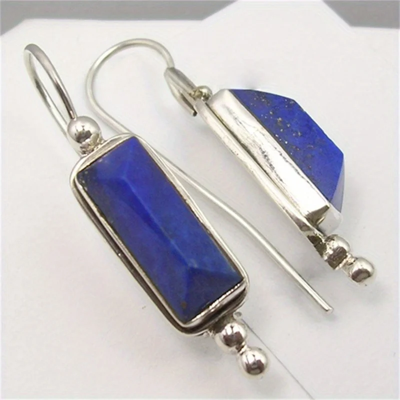 Ethnic Silver Color Imitation Lapis Lazuli Dangle Women's Earrings Square Daily Wear