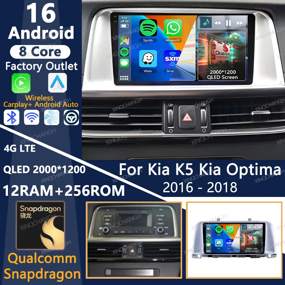 Radio para Auto Android 16 para Kia K5 Kia Optima 2016-2018, Reproductor Multimedia Estéreo con Bluetooth, Video, Unidad Principal QLED, Carplay, GPS, 4G, WIFI