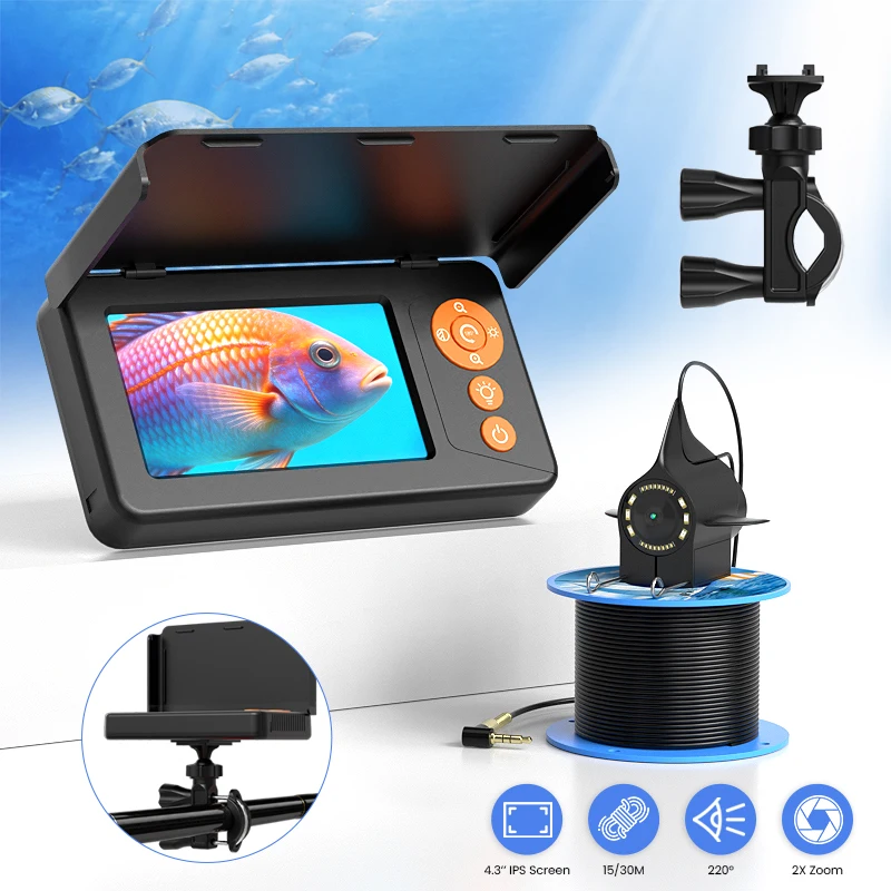 Ecoscandaglio LCD da 4,3" con impermeabilità IP68, profondità subacquea 15m/30m, 220 °   Telecamera da pesca grandangolare e visione notturna