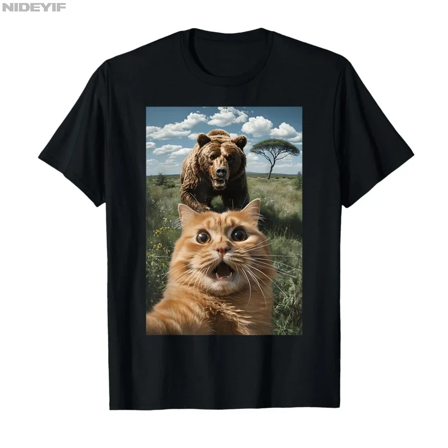 Divertido selfie de gato naranja oso atacante animal camiseta femenina encuentro 2025 manga corta