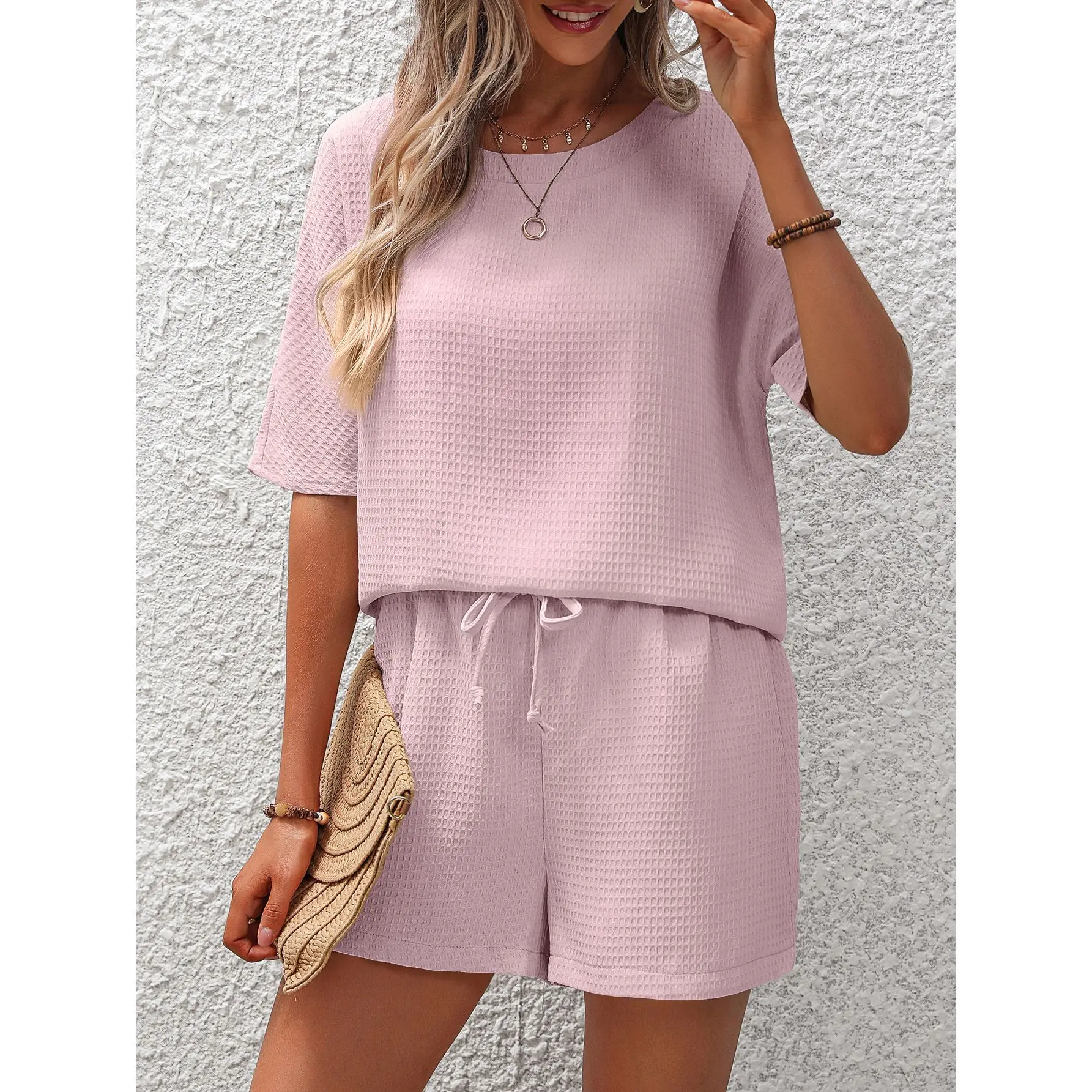 Summer Short-sleeved Suit For Women New Fashion Round Neck Solid Color Foreign Style Bat Shirt 2024 Lace-up Shorts Two-piece Set