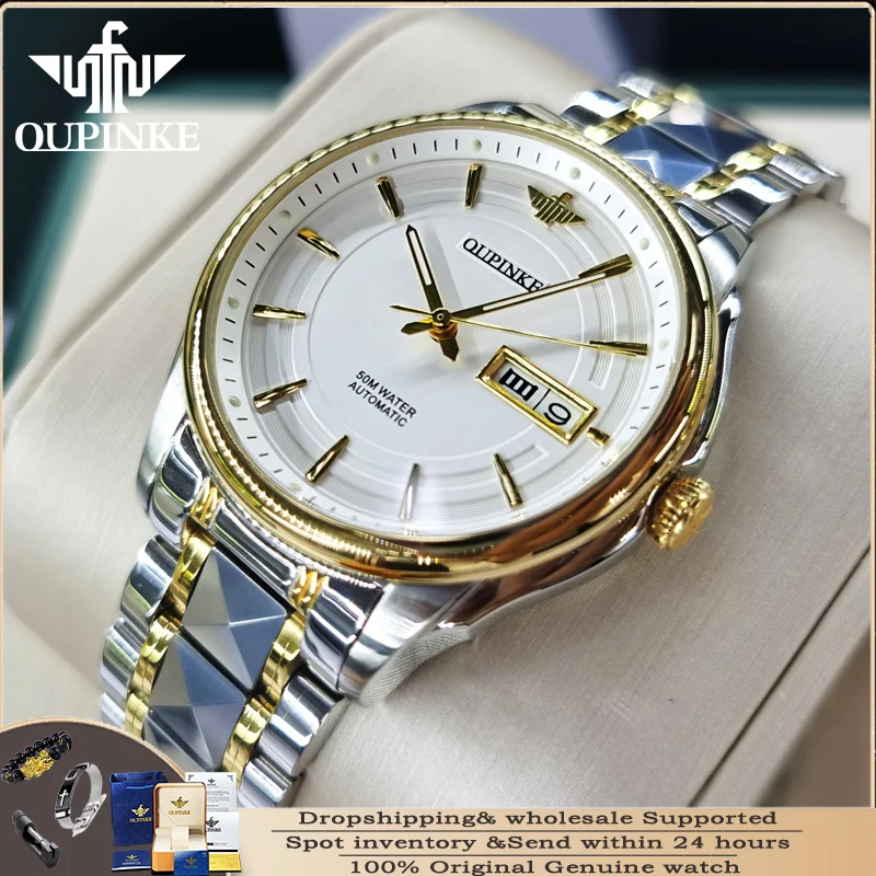 OUPINKE 3170 Automatic Date Men Original Mechanical Watch Luxury Waterproof Tungsten Steel Strap Business Men Watch Reloj Hombre