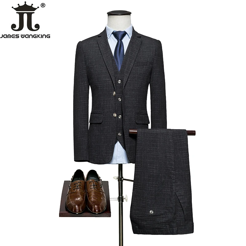 

( Jacket + Vest + Pants ) Fashionable Suitmale Formal Business Plaid Men's Three-piece Suit Boutique Groom Wedding Dress Suit