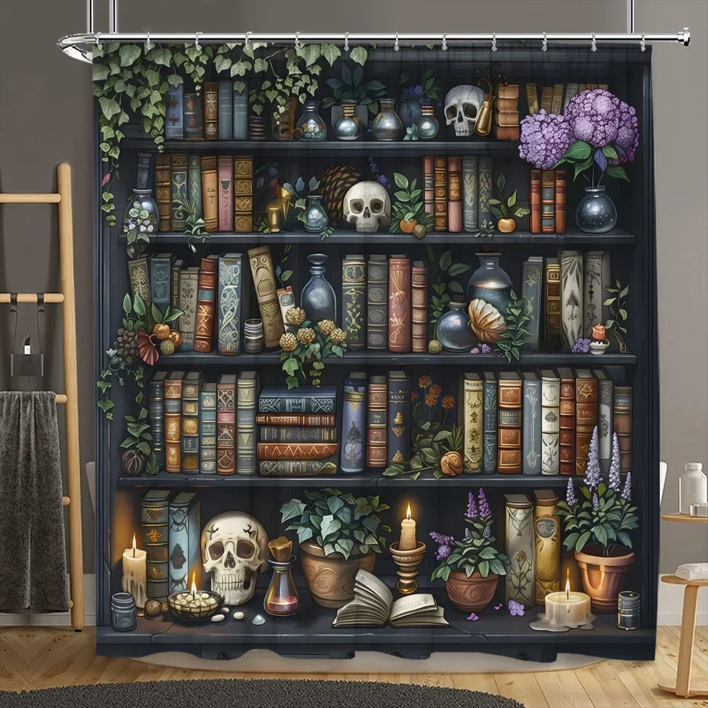 Vintage Library Shower Curtain Old Book Bookshelf Skull Halloween Candles Floral Plant Home Polyester Fabric Bathroom Decor Set