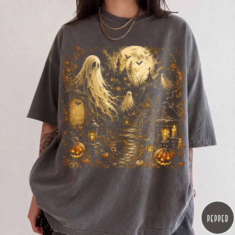 Vintage Gothic Halloween Shirt, Dark Halloween Tee, Haunted Mansion Ghost Shirt, Spooky Graveyard Shirt, Gothic Graphic Tee