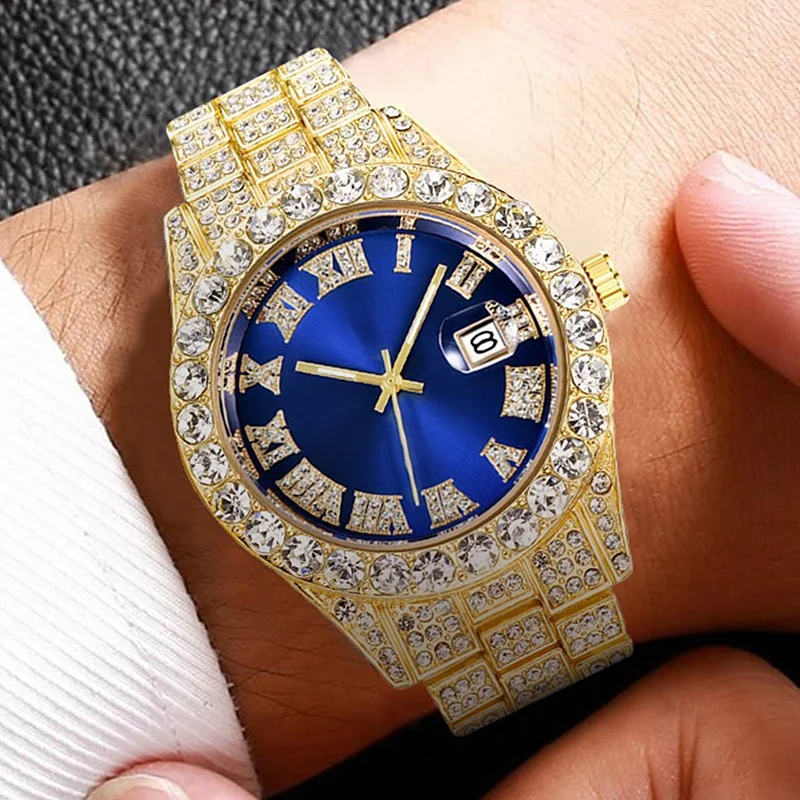 

Luxury Fashion Mens Watch Crystal Trendy Shine New Busines Quartz Wristwatch Leisure Stainless Relogio Masculino Clock Saati
