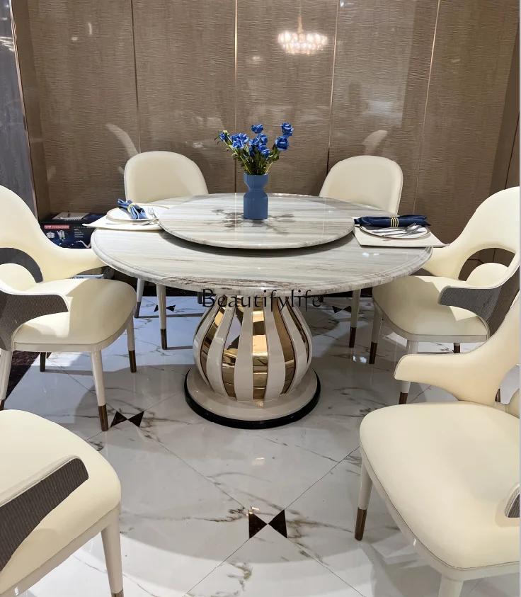 

Italian Style Light Luxury Solid Wood High-End Dining Table Modern Hong Kong Style Marble round Table