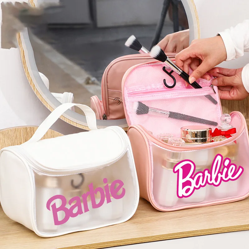 Kawaii Barbie Waterproof Cosmetic Bag Portable Large Capacity Transparent Wash Bag Travel PVC Scrub Cosmetics Storage Bag Gift