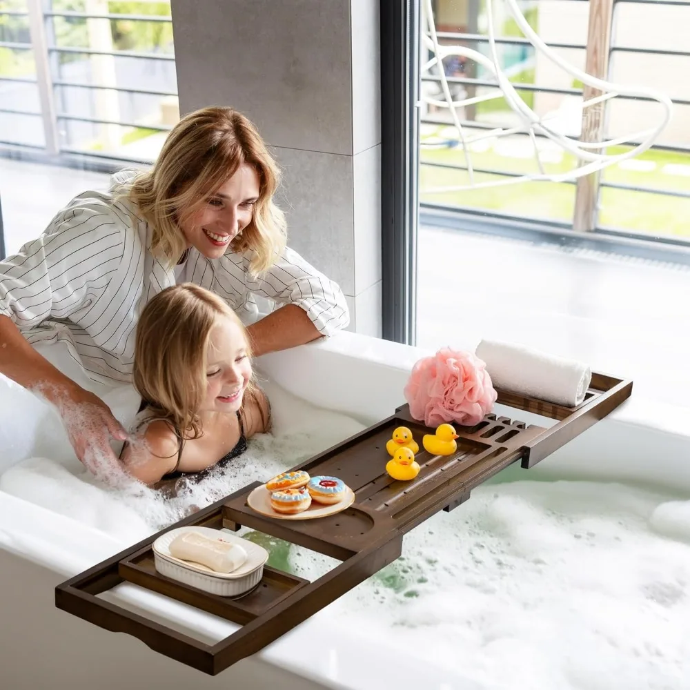 

Foldable Bathtub Tray with Wine Glass & Phone Holder - Expandable Teak Wood Bath Caddy for Relaxing Spa Experience