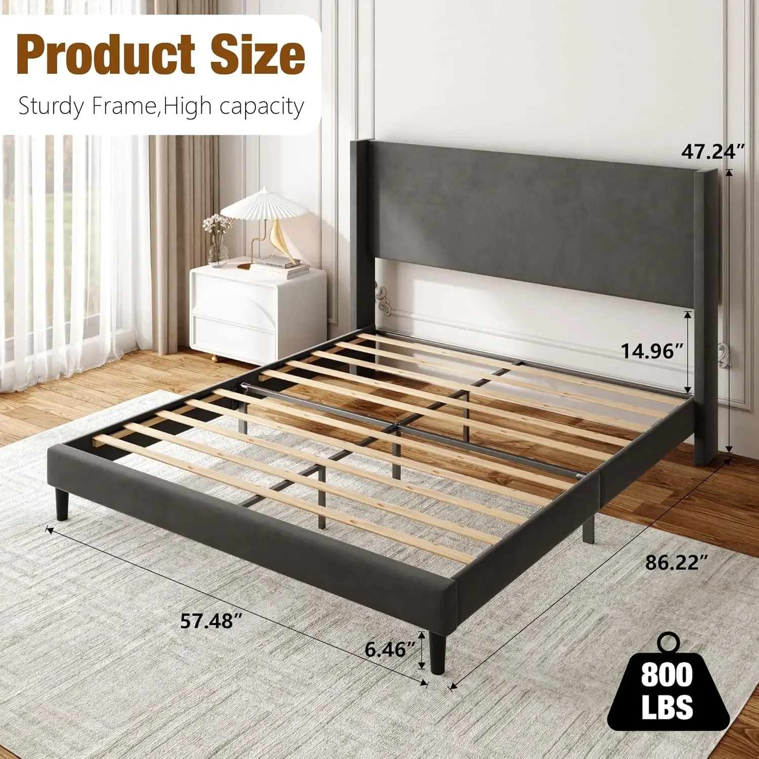 Queen Bed Frame with Wingback Headboard Velvet Upholstered Platform Bed with Wooden Slats 6 46 Under Bed Storage Metal Support