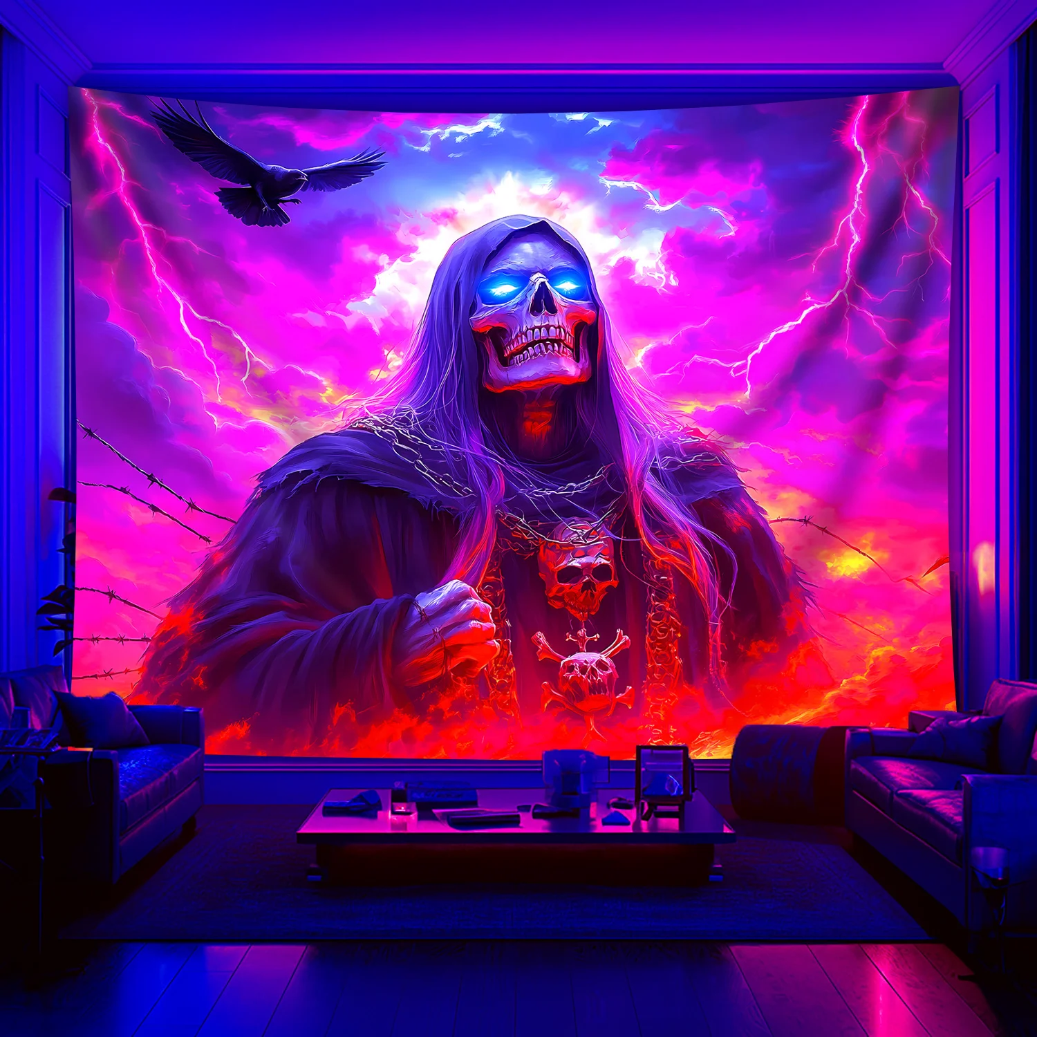 VIKAMA Dark Night Grim Reaper tapiz esqueleto relámpago tormenta sala de estar música electrónica fiesta arte decorativo gótico pared