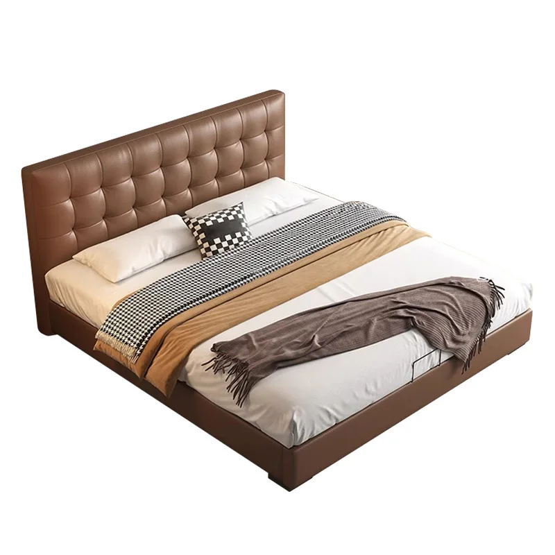 

Italian minimalist leather bed, small waffle soft bag bed