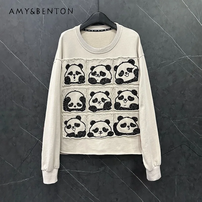 

Autumn Heavy Industry Patch Embroidery Sequin Panda Cartoon Crew Neck Sweatshirt Women's Loose Casual Style Versatile Top Coat